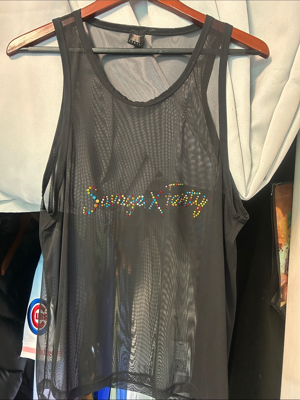 Savage X Fenty Black Sheer Mesh Logo Tank with Multicolor Rhinestones